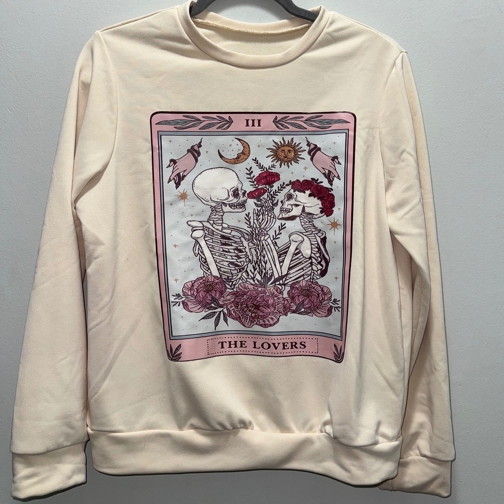 ROMWE The Lovers Tarot Skeleton Sweatshirt Womens S Cream Pink Gothic